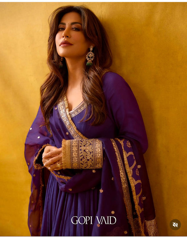 Purple Cinon Silk Anarkali Premium Suit Set