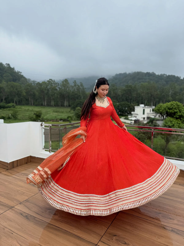 Red Designer Anarkali Suit Set with Embroidered Border & Dupatta