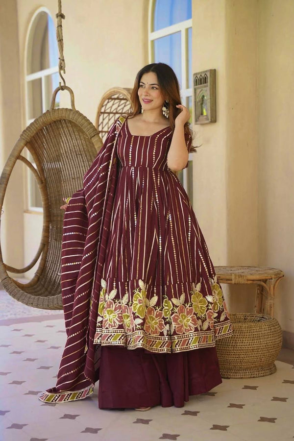 Diya Wine Floral Embroidered Anarkali Suit Set with Dupatta