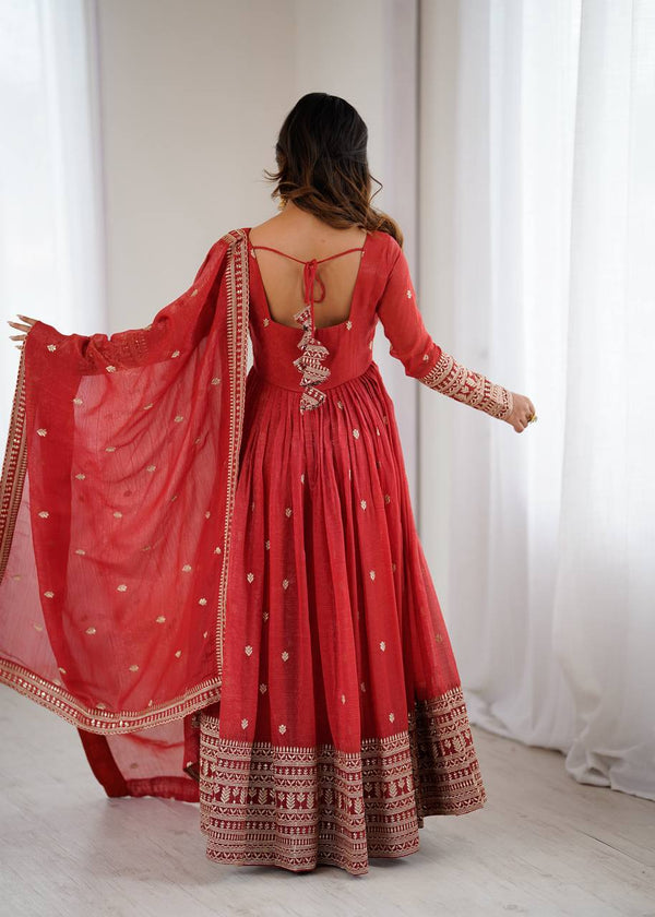 Trending Red Pure Crunchy Silk Anarkali Gown