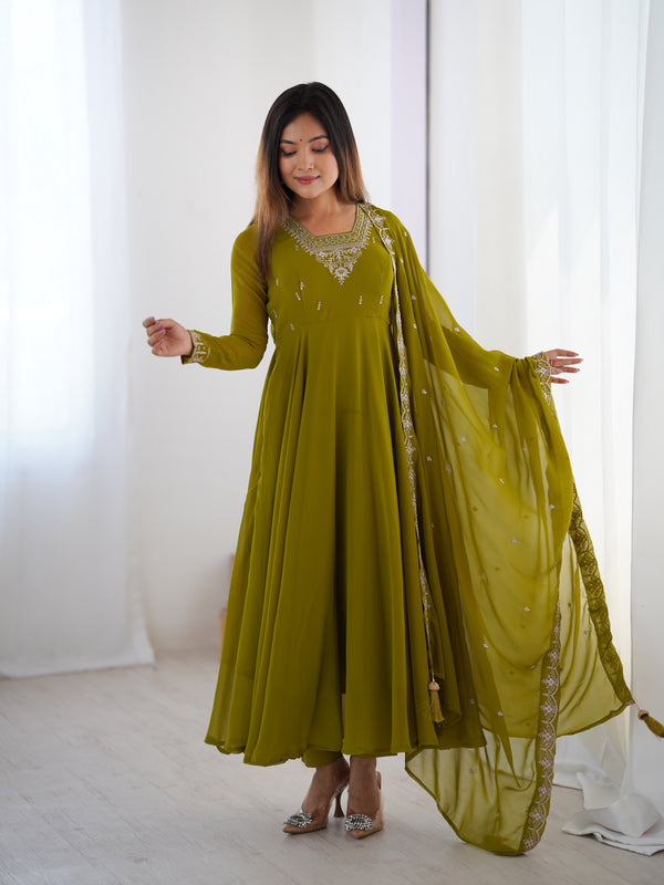 Suri Mahendi Green Embroidery Pure Georgette Anarkali Gown
