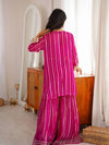 Hot Pink Striped Sharara Suit Set with Embroidered Mirror Kurta