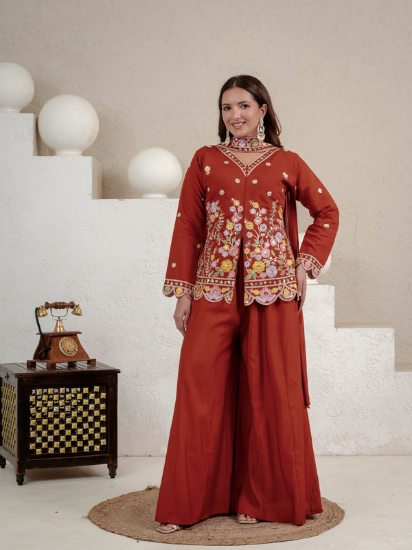 Riya Classic Rust Embroidered Ethnic Palazzo Suit Set