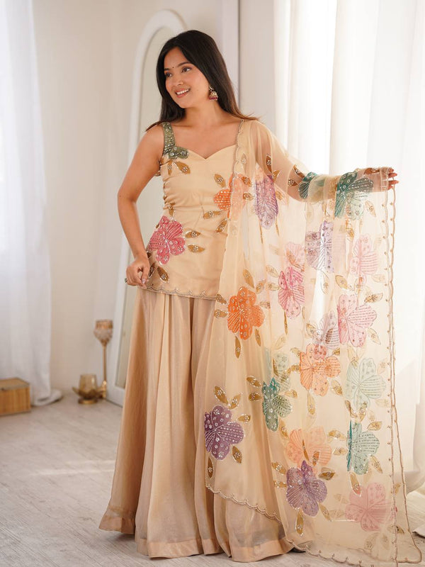 Elegant Beige Floral Embroidered Sharara Suit Set with Dupatta