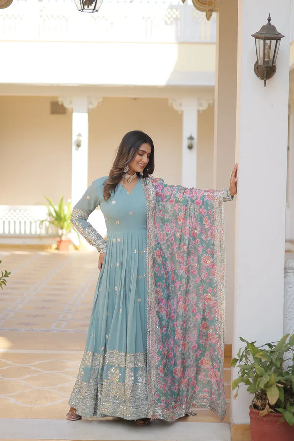 NISHA BLUE READYMADE FENCY GOWN WITH DUPATTA SET LW 131