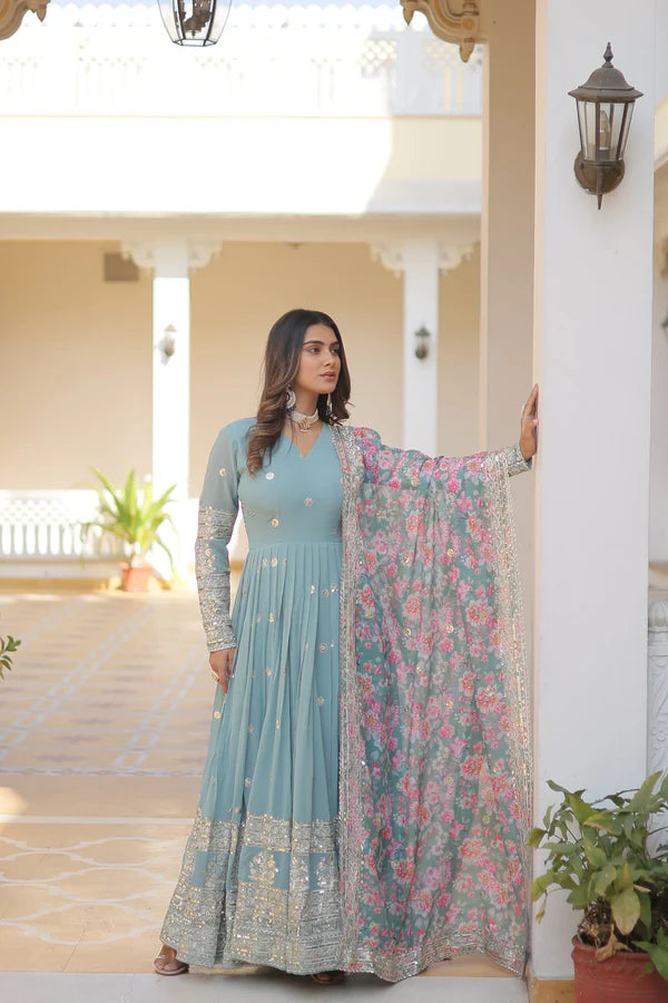 NISHA BLUE READYMADE FENCY GOWN WITH DUPATTA SET LW 131