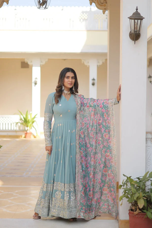 NISHA BLUE READYMADE FENCY GOWN WITH DUPATTA SET LW 131