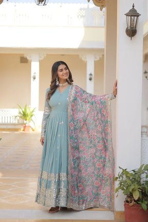 NISHA BLUE READYMADE FENCY GOWN WITH DUPATTA SET LW 131