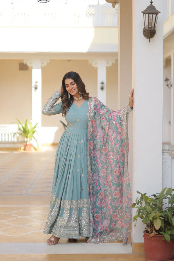 NISHA BLUE READYMADE FENCY GOWN WITH DUPATTA SET LW 131