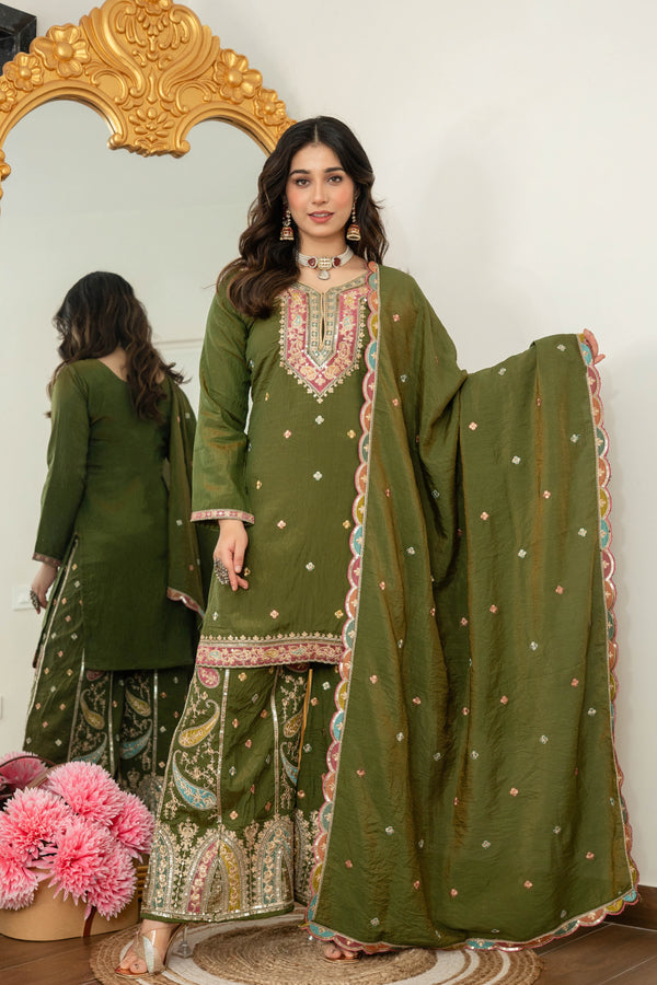 Zehra Green Embroidered Kurta Palazzo Dupatta Suit Set
