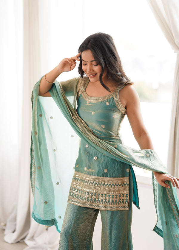 Aafreen Pink and Green Embroidered Kurta Sharara Set with Dupatta