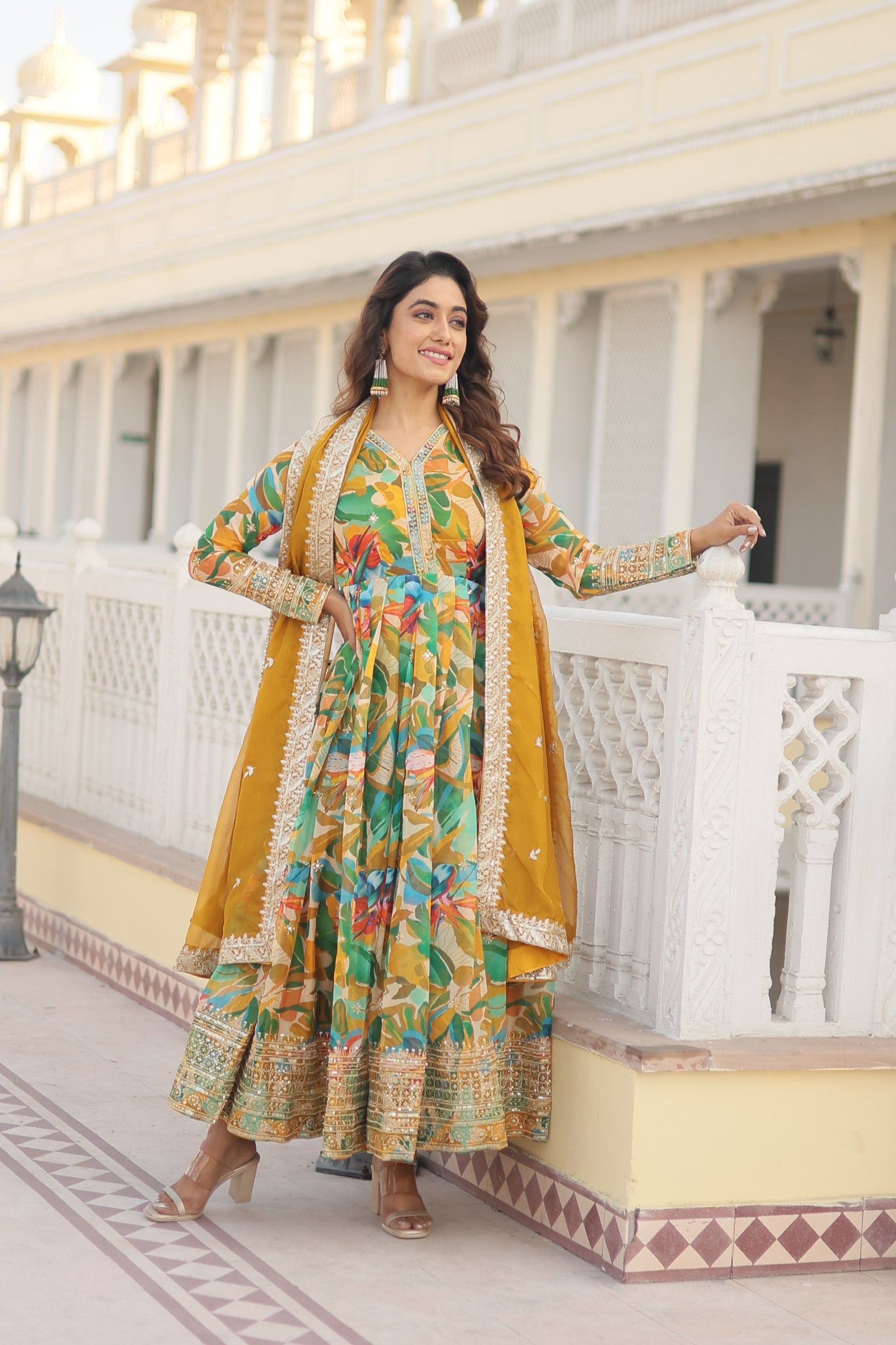 LIZZA PINK & GREEN EMBROIDERED ANARKALI SUIT SET LW 129