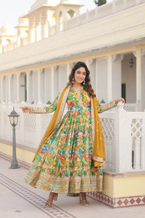 LIZZA PINK & GREEN EMBROIDERED ANARKALI SUIT SET LW 129