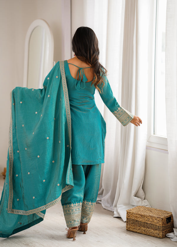 Traditional Sage Embroidered Punjabi Suit Set