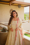 Traditional Cream Floral Border Anarkali Suit with Dupatta