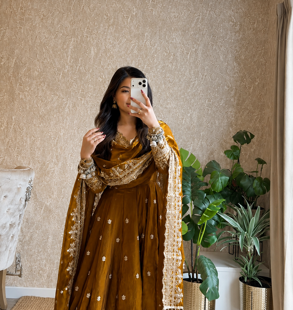 Diya Gold Embroidered Anarkali Suit Set with Dupatta