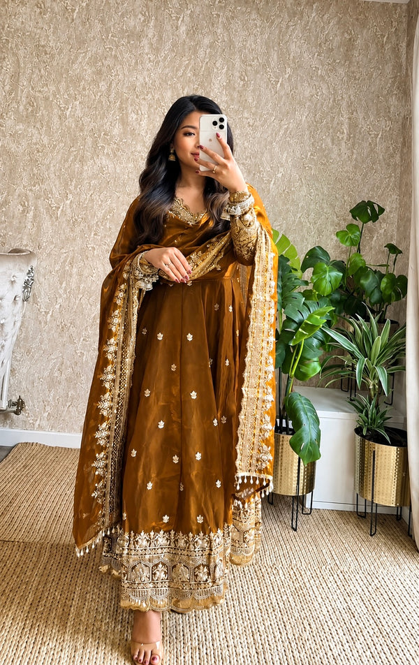 Diya Gold Embroidered Anarkali Suit Set with Dupatta