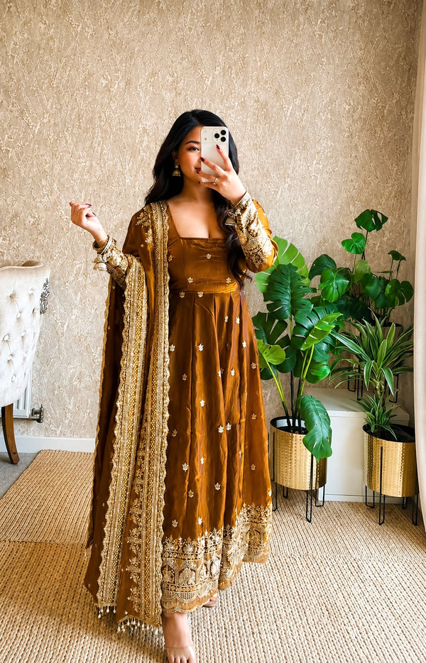 Diya Gold Embroidered Anarkali Suit Set with Dupatta