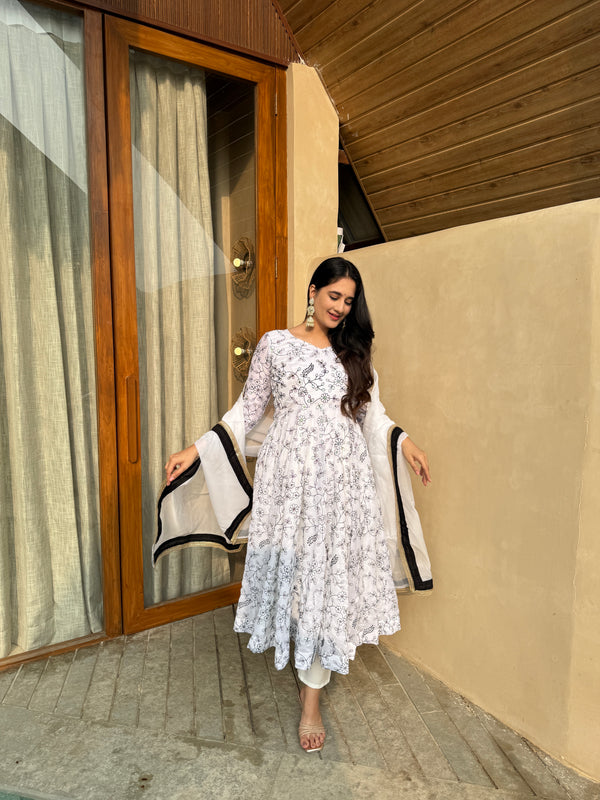 Classic Ivory Floral Anarkali with Dupatta