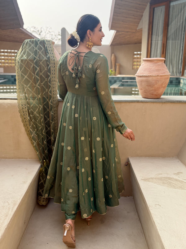Niva Elegant Olive Green Designer Anarkali Suit Set