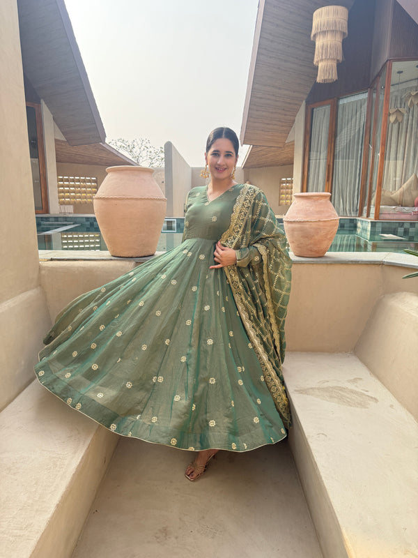 Niva Elegant Olive Green Designer Anarkali Suit Set
