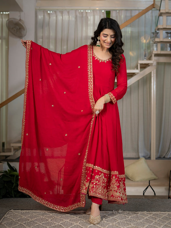 Royal Red Embroidered Anarkali Suit Set with Dupatta