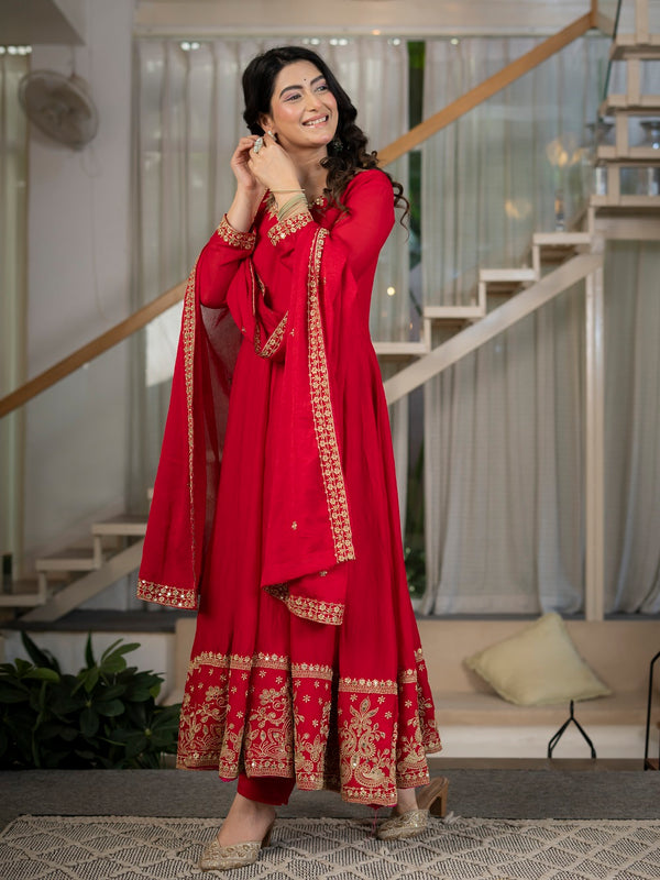 Royal Red Embroidered Anarkali Suit Set with Dupatta
