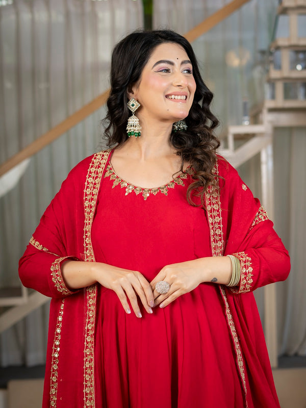 Royal Red Embroidered Anarkali Suit Set with Dupatta