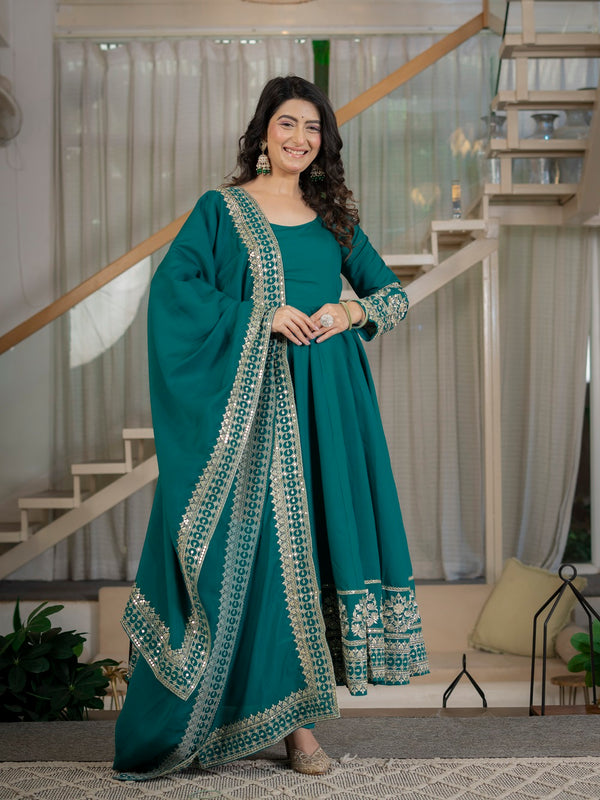 Traditional Rama Anarkali Gown with Heavy Embroidery