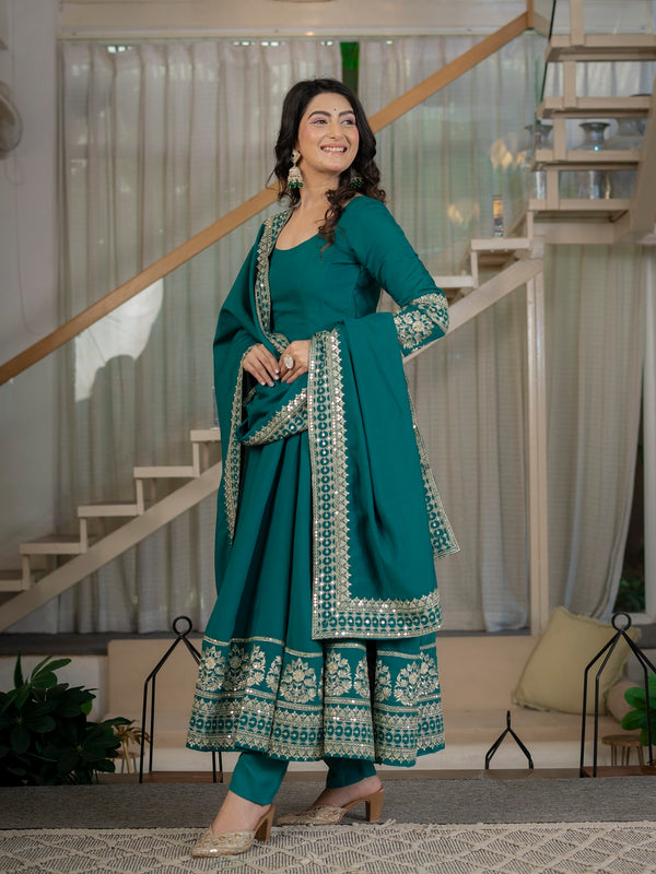 Traditional Rama Anarkali Gown with Heavy Embroidery