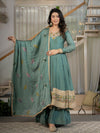Designer Teal Anarkali Suit Set with Rich Border & Neck Embroidery