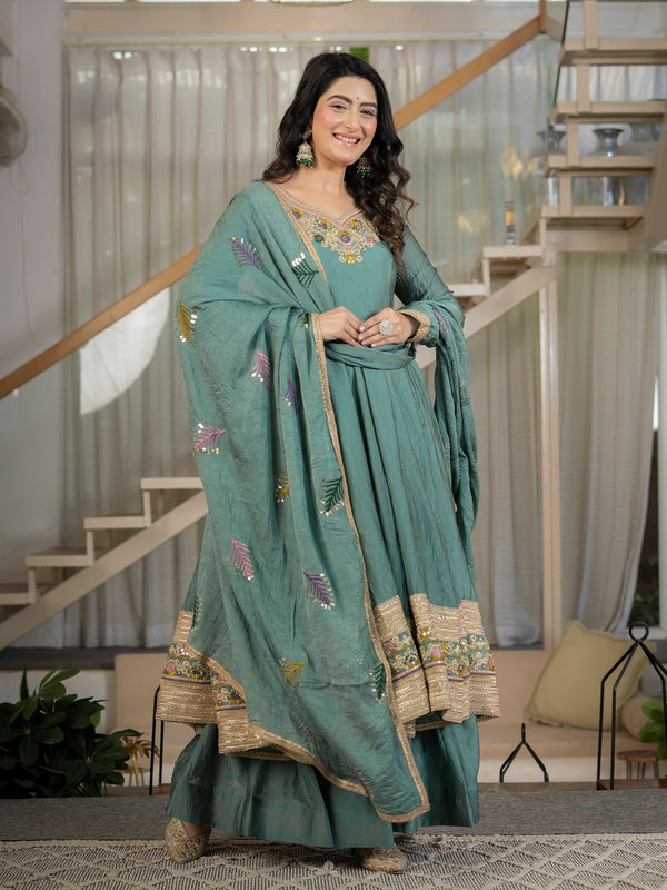 Designer Teal Anarkali Suit Set with Rich Border & Neck Embroidery