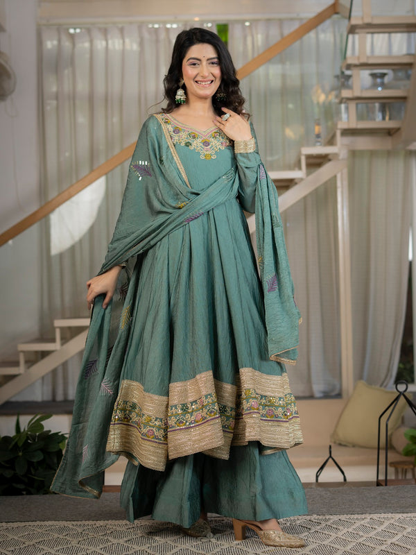 Designer Teal Anarkali Suit Set with Rich Border & Neck Embroidery
