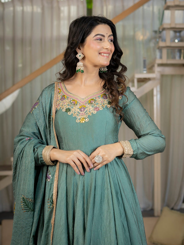 Designer Teal Anarkali Suit Set with Rich Border & Neck Embroidery