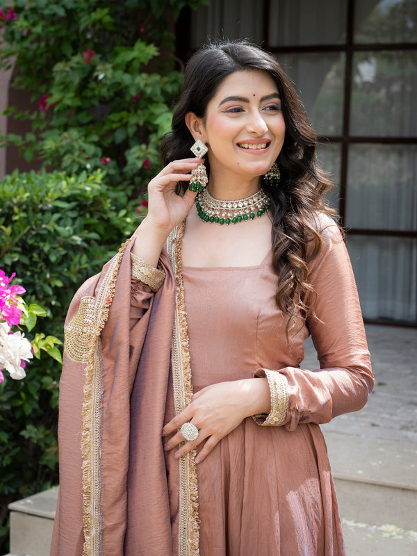 Jiya Premium Blush Brown Anarkali Gown with Golden Border Dupatta