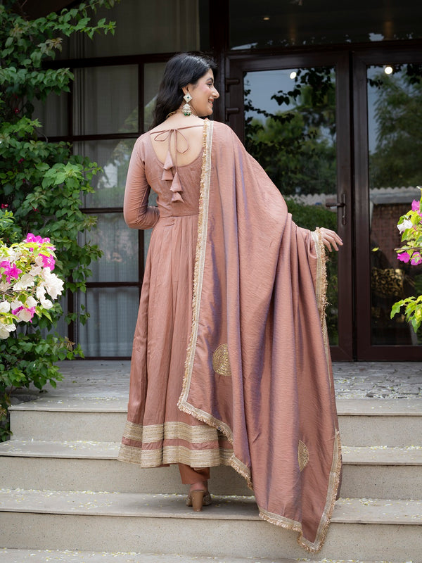 Jiya Premium Blush Brown Anarkali Gown with Golden Border Dupatta