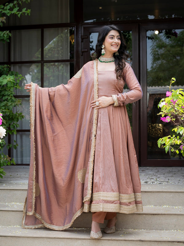 Jiya Premium Blush Brown Anarkali Gown with Golden Border Dupatta