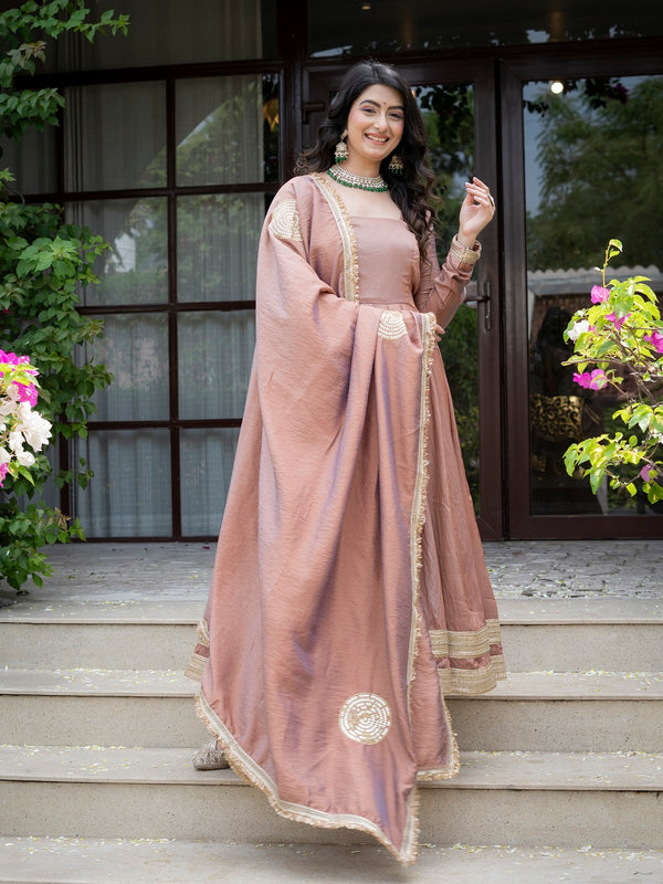 Jiya Premium Blush Brown Anarkali Gown with Golden Border Dupatta