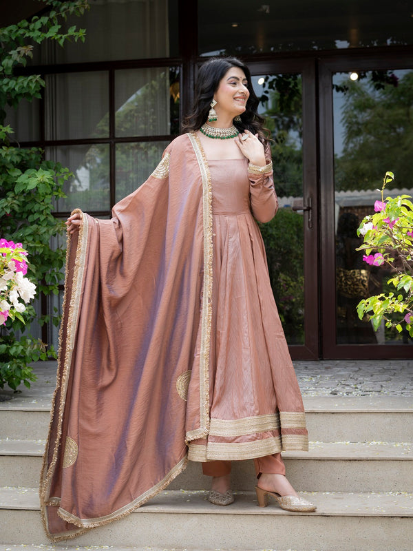 Jiya Premium Blush Brown Anarkali Gown with Golden Border Dupatta