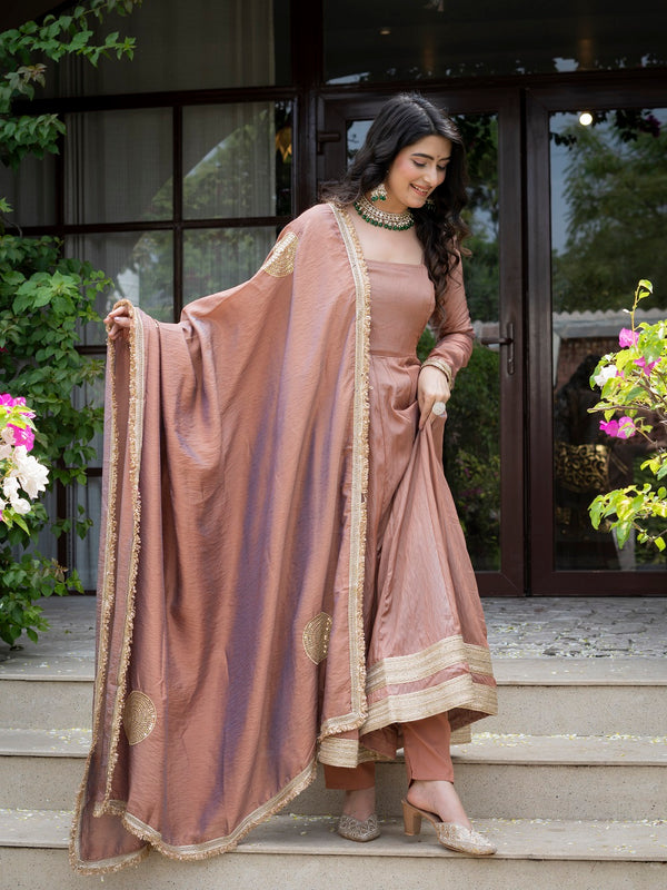 Jiya Premium Blush Brown Anarkali Gown with Golden Border Dupatta
