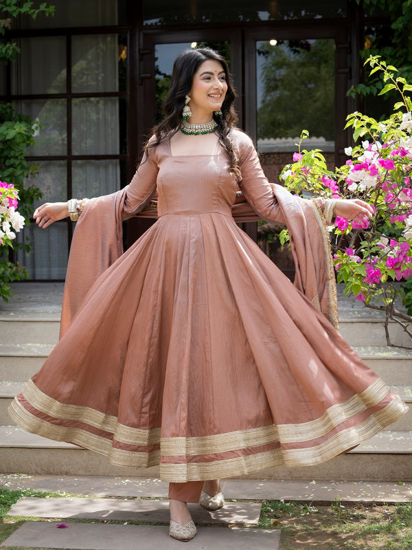 Jiya Premium Blush Brown Anarkali Gown with Golden Border Dupatta