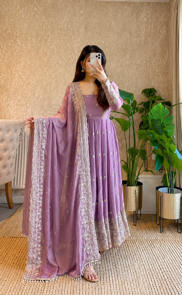 Diya Lavender Purple Embroidered Anarkali Suit Set with Designer Dupatta