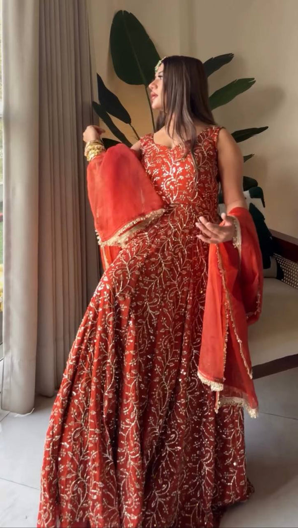 Royal Red Anarkali Dress with Elegant Dupatta Set
