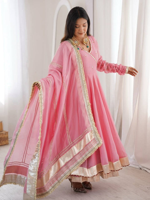 Lime Pink Flared Anarkali Suit Set with Dupatta