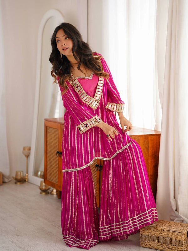 Hot Pink Striped Sharara Suit Set with Embroidered Mirror Kurta