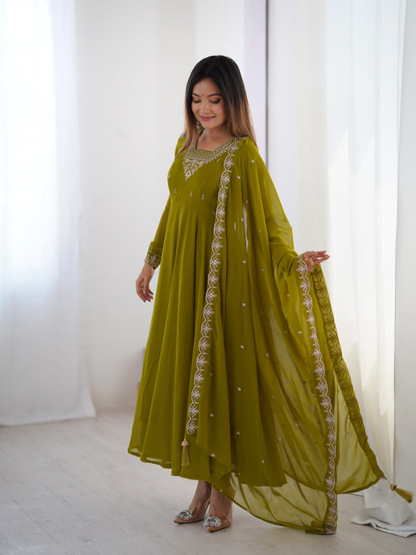 Suri Mahendi Green Embroidery Pure Georgette Anarkali Gown