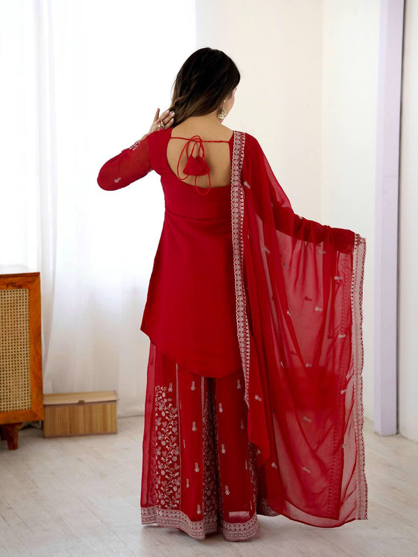 Red Fancy Faux Georgette Embroidered Suit Set