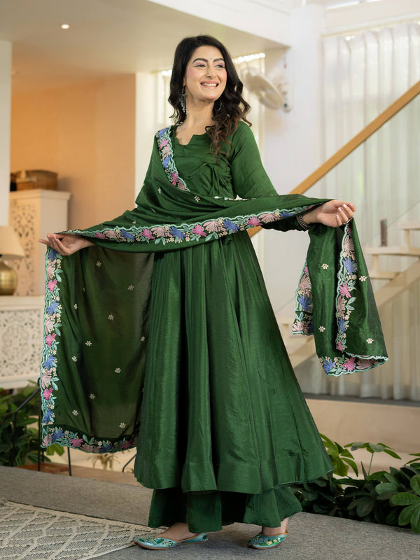 Women’s Dark Green Designer Anarkali Suit Set with Dupatta