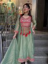 Sage Green Hand Work Anarkali Suit Set with Dupatta