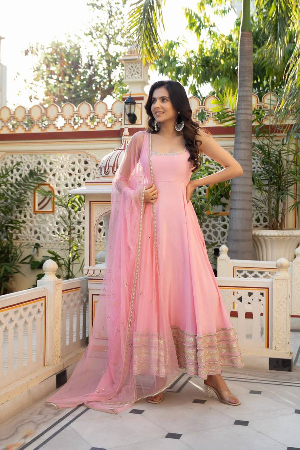 Priya Aarohi Baby Pink Flared Anarkali Suit Set with Embroidered Dupatta